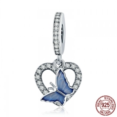 925 Sterling Silver Crystal Butterfly with Heart Shape Charm fit Women Charm Bracelets DIY Jewelry Girlfriend Gift SCC818 CHARM-0860
