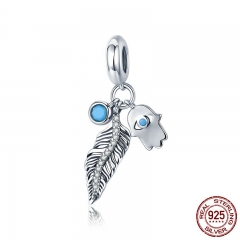 Genuine 925 Sterling Silver Bohemian Feather And Hamsa Hand Blue Eye Pendant Charm fit Charm Bracelet DIY Jewelry SCC880 CHARM-0947