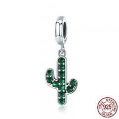 100% 925 Sterling Silver Strong Cactus Glittering Green CZ Pendant Charm fit Women Charm Bracelet DIY Jewelry SCC515 CHARM-0586