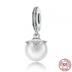 Genuine 925 Sterling Silver Elegant Imitation Pearl & Clear CZ Crown Pendant Charm fit Bracelet Jewelry S925 SCC137 CHARM-0248