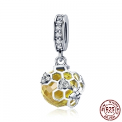 Trendy 925 Sterling Silver Honeycomb Bee Pendant Yellow CZ Cubic Zircon Charm fit Charm Bracelet DIY Jewelry SCC879 CHARM-0941