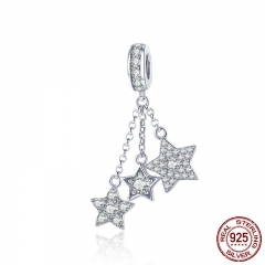 Genuine 925 Sterling Silver Sparkling Star Meteor Long Chain Pendant Clear CZ Charm fit Charm Bracelet DIY Jewelry SCC881 CHARM-0949