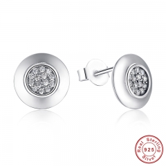 Authentic 925 Sterling Silver Signature Round Stud Earrings With Clear CZ Compatible with Original Jewelry PAS404 EARR-0003