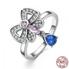 Genuine 925 Sterling Silver Pink & Blue Clearly CZ, Bowknot Finger Ring Women and Girl Fashion Jewelry SCR014 RING-0069