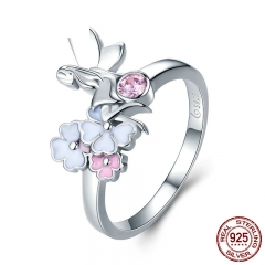 Romantic 100% 925 Sterling Silver The Flower Fairy & Pink CZ Crystal Finger Ring Women Sterling Silver Jewelry SCR362 RING-0409