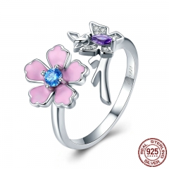 New Trendy 100% 925 Sterling Silver Love of Butterfly Pink Flower Open Rings for Women Wedding Silver Jewelry BSR004 RING-0412