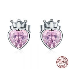 Authentic 925 Sterling Silver Sweet Pink Heart of Crown Stud Earrings for Women Luxury Silver Jewelry Bijoux Gift SCE174 EARR-0178