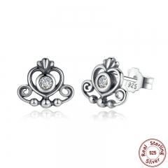925 Sterling Silver My Princess Tiara, Clear CZ Heart Crown Stud Earrings for Women Wedding Earrings Fine Jewelry PAS450 EARR-0048