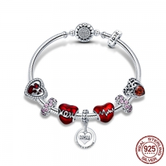925 Sterling Silver Romantic Heart Love MOM Forever Pendant Mother Gift Bracelets Bangles for Women Silver Jewelry SCB807 BRACE-0100