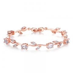 Rose Gold Color Leaf Chain & Link Bracelet with Clear AAA Zircon for Mother Gifts Jewelry JIB073 FASH-0100
