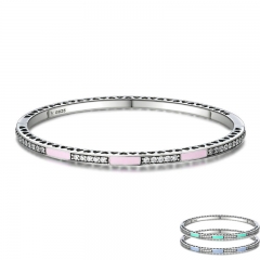 Genuine 925 Sterling Silver 3 Color Radiant Hearts, Light Pink Enamel & Clear CZ Bangle & Bracelet Luxury Jewelry SCB017 BRACE-0039