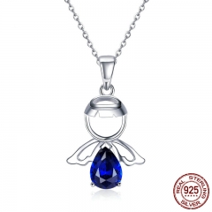 Real 100% 925 Sterling Silver Lovely Angel Guardian Pendant Necklaces Blue CZ Necklace For Women Silver Jewelry SCN293 NECK-0225