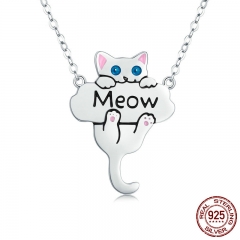 100% Genuine 925 Sterling Silver Animal Cute Cat Pussy Dangle Pendant Necklaces for Women Fashion Jewelry Gift SCN210 NECK-0148