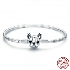 100% Genuine 925 Sterling Silver French Bulldog Doggy Snake Chain Women Bracelet & Bangles Silver Jewelry 17-19CM SCB075 BRACE-0104