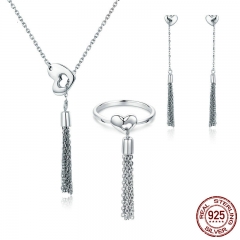 100% Genuine 925 Sterling Silver Sweet Heart Shape long Chain Tassel Necklace Jewelry Set Silver Jewelry Gift ZHS055 SET-0043